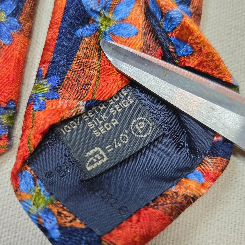 Ermenegildo Zegna Vintage Tie Silk 1990s Orange Navy Floral Made Italy‎ Designer